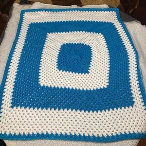 Vintage Hand Crochet Afghan Throw Blanket Blue & White Granny Squares 43x35